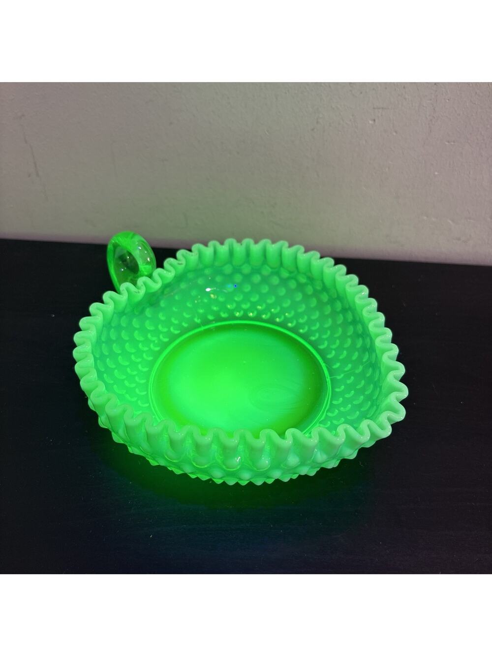 VTG Fenton Emerald Green Opalescent Hobnail Crimped Heart Relish Dish Uranium